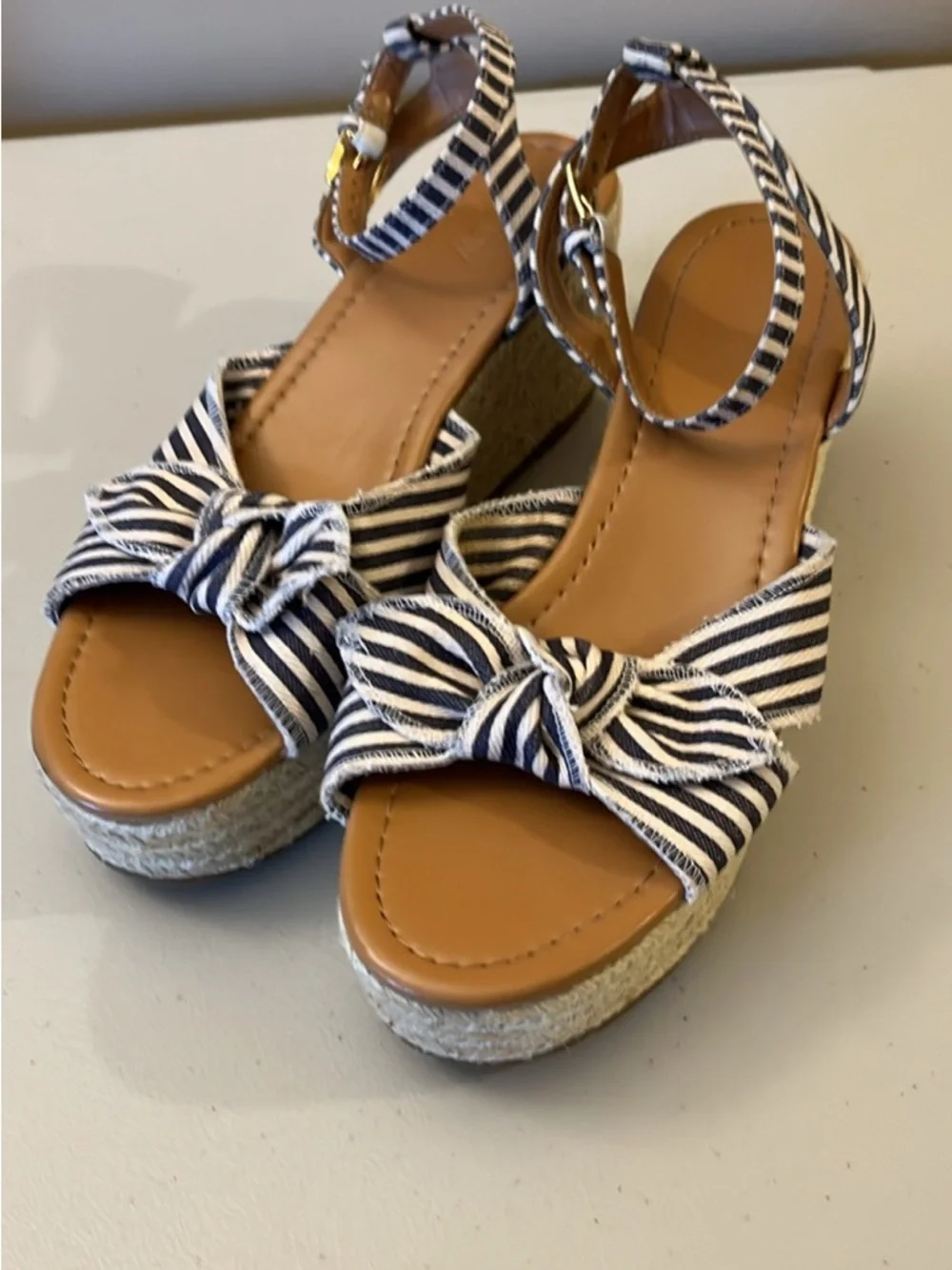 J. Crew Navy and White Striped Bow Espadrille Sandals